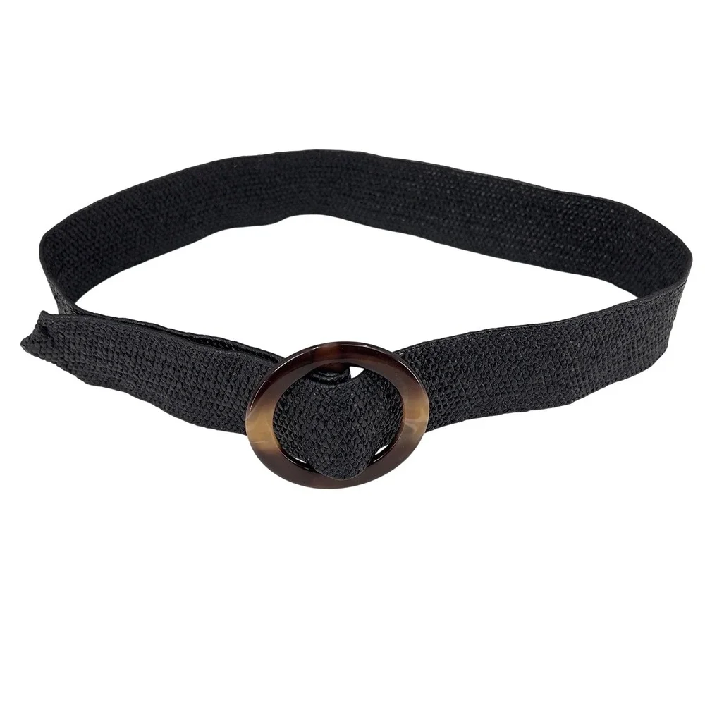 Womens M Wide Belt Black Woven Straw Raffia Boho Stretch Coastal Grandmother